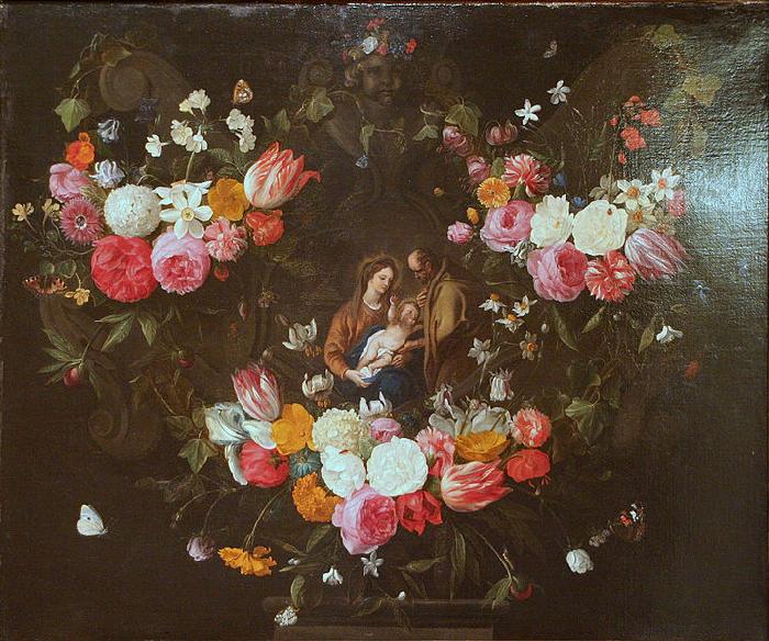 Jan Van Kessel Garland of Flowers with the Holy Family oil painting picture